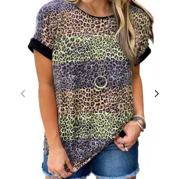 Tops - Purple Orange Green Leopard Print Patchwork T-Shirt